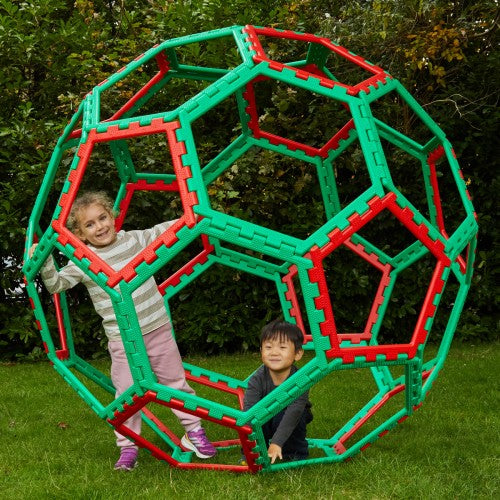 Polydron Bucky Ball interlocking dome play structure with green and red panels