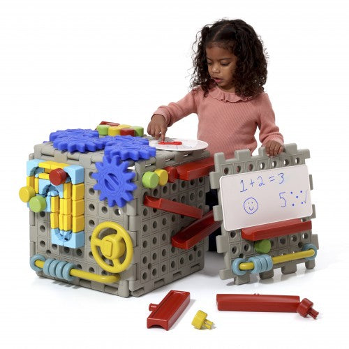 Busy board with colorful gears, rods, and number panel on gray base