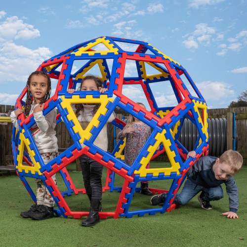Multi-color interlocking Geo Dome play structure, rounded dome with open windows