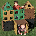 Foam interlocking playpen panels set in green, tan, and brown, with peg holes