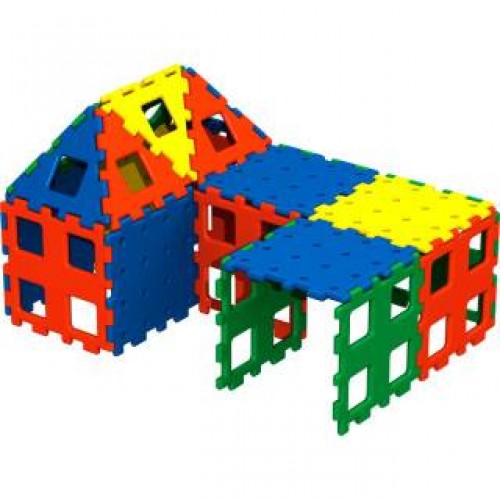 Colorful interlocking plastic building blocks with house and fence panels