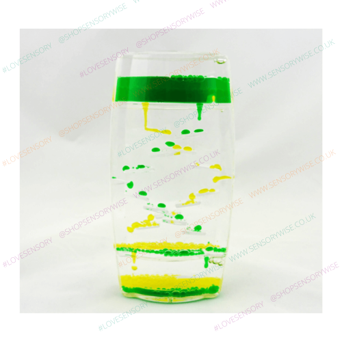 Clear liquid motion tumbler with green and yellow gel beads