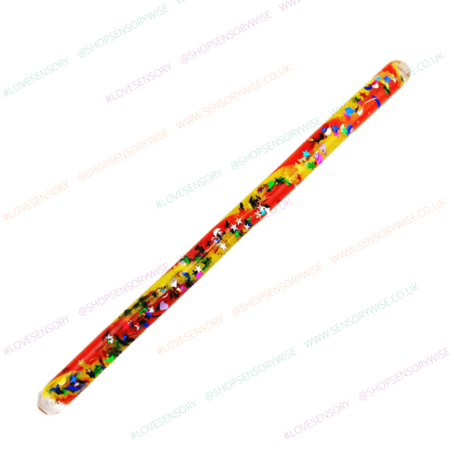 Glitter tube jumbo pen with yellow-orange base and multicolor star confetti design