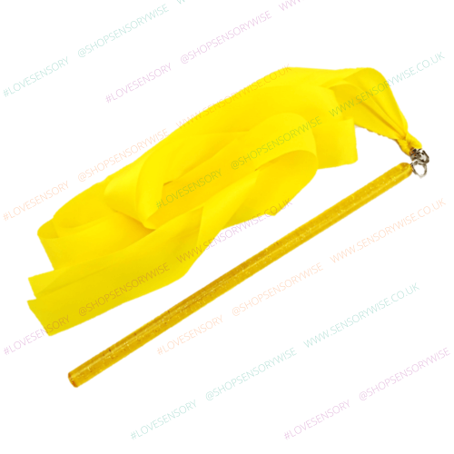Yellow glitter wand with attached ribbon streamers for dance and gymnastics practice