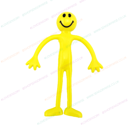 Yellow smiley-face bendy fidget man with outstretched arms, full body