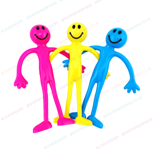 Smiley face bendy fidget toy figures in pink, yellow, and blue