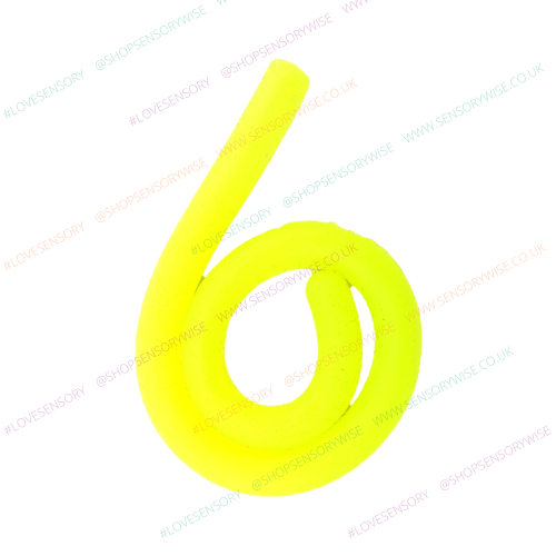 Yellow stretchy noodle fidget, coiled loop with curved tail.