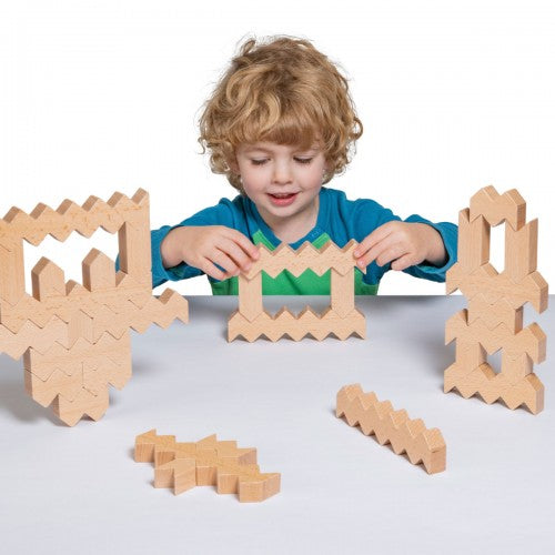 Interlocking wooden zigzag blocks set, light natural wood pieces
